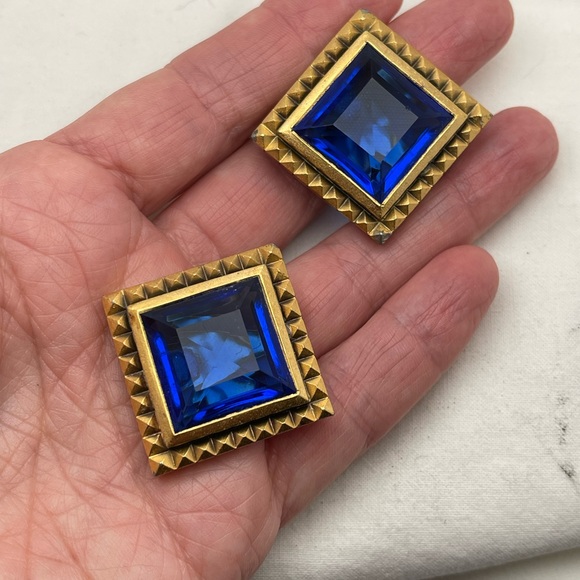 Vintage Yves St Laurent Clip on Blue Glass Runway Earrings - Picture 4 of 4